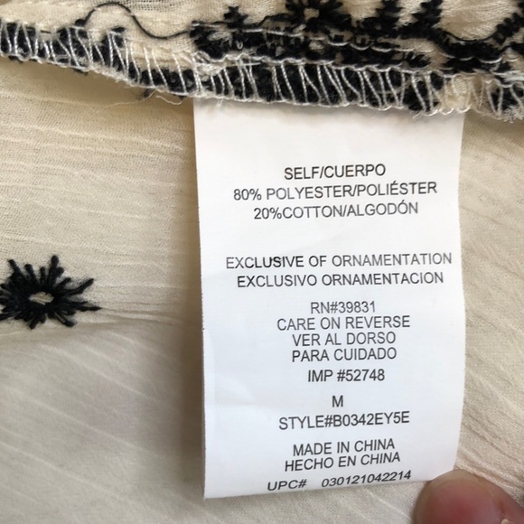 Democracy Sheer Cream Blouse with Black Long Sleeve Embroidery Size M - Picture 11 of 12